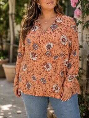 Addition Elle Plus Size Peach Floral Tunic Blouse | Faux Wrap Boho Cottagecore